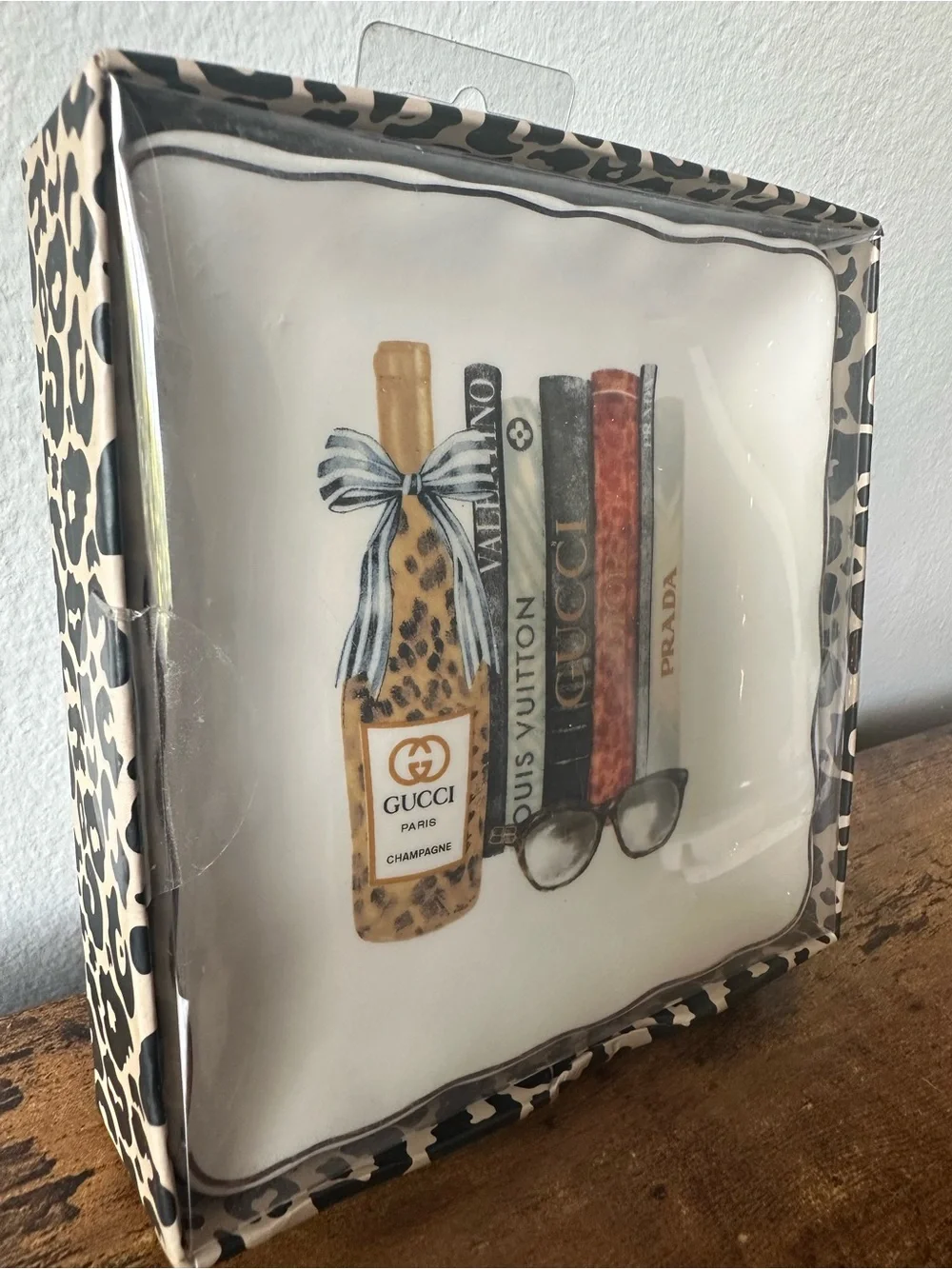 Luxury Designer Trinket Dish with Leopard Print Champagne & Luxury Books NWT